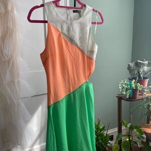 Chic Asymmetrical Sleeveless Dress in White, Orange, and Green
